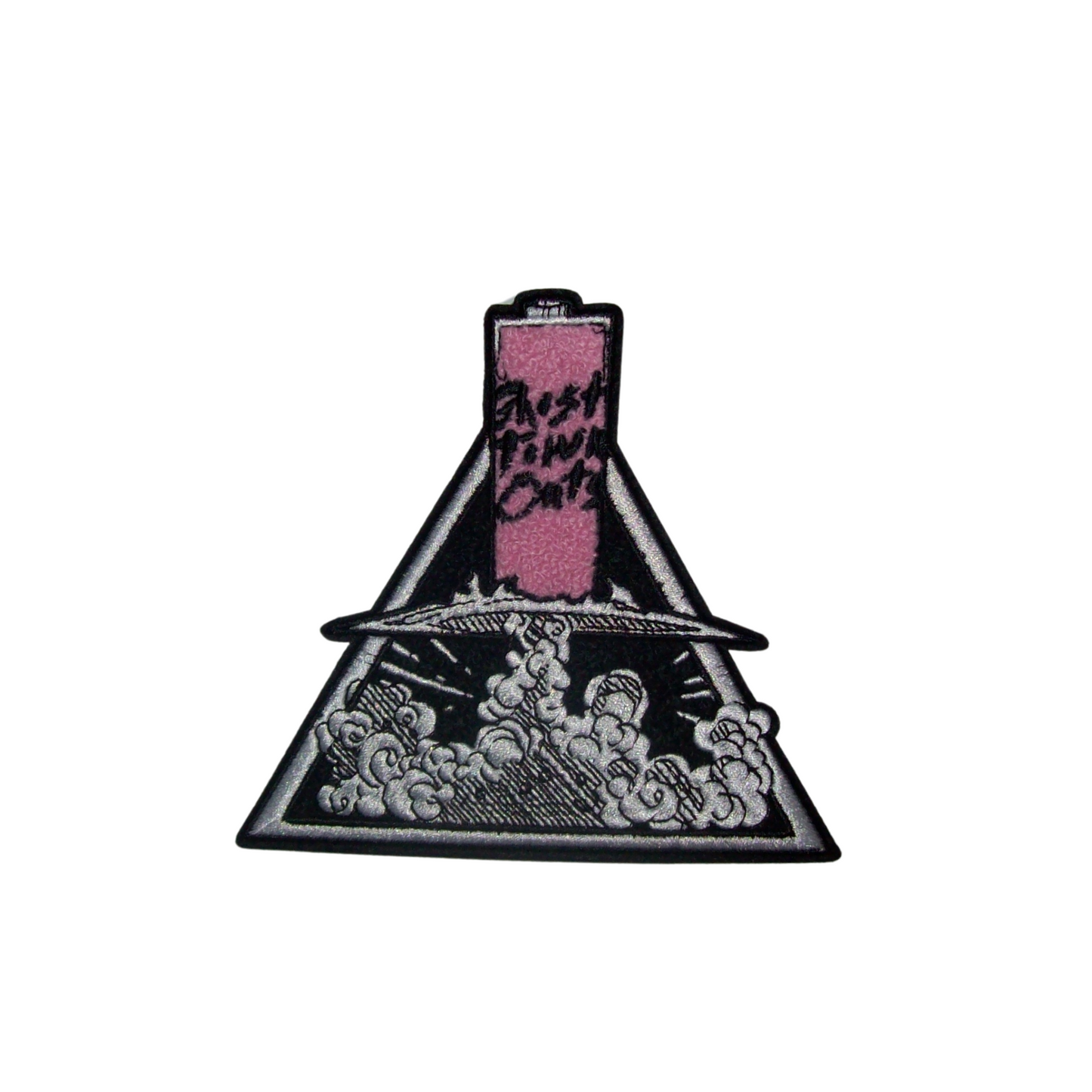 black and pink chenille patch shaped like a triangle with a ghost town oats oat milk carton rising through smoke
