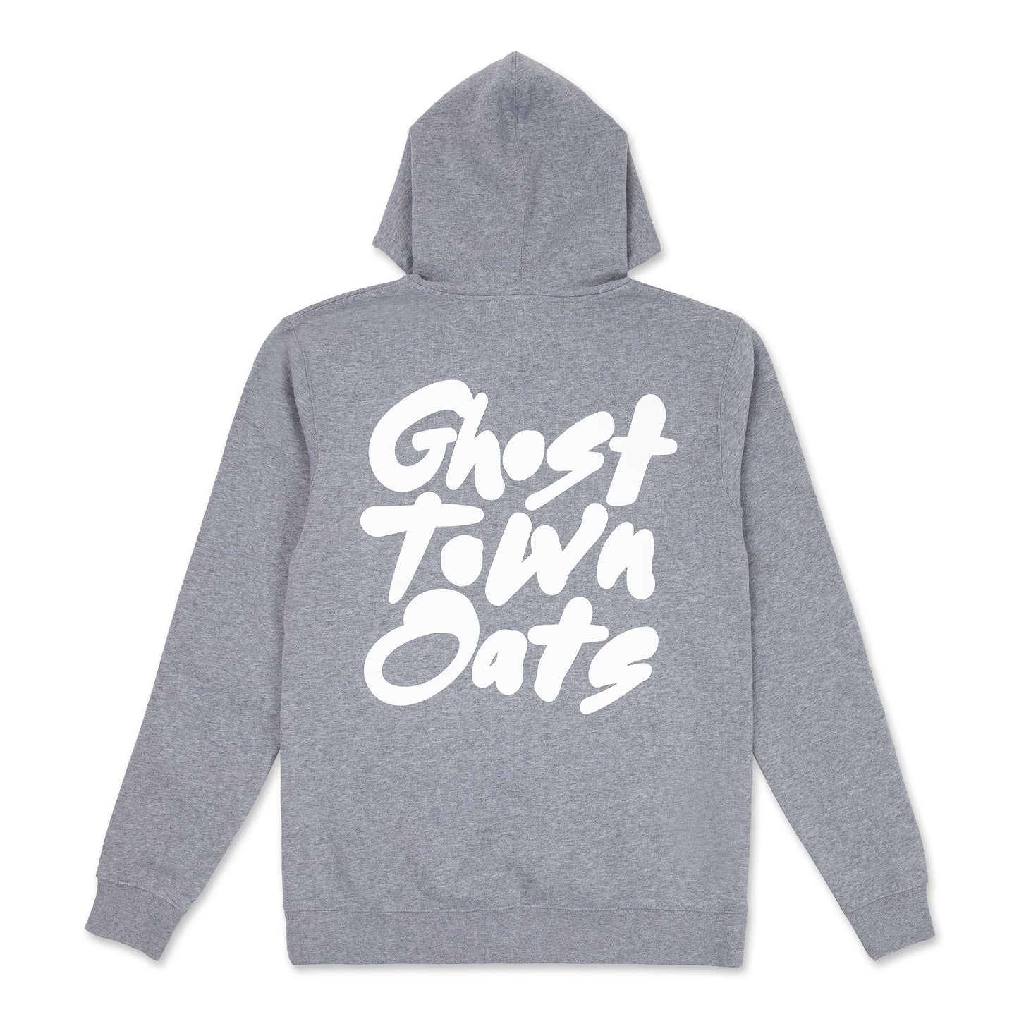 back view of a heather grey hoodie featuring a large white ghost town oats logo printed across the back