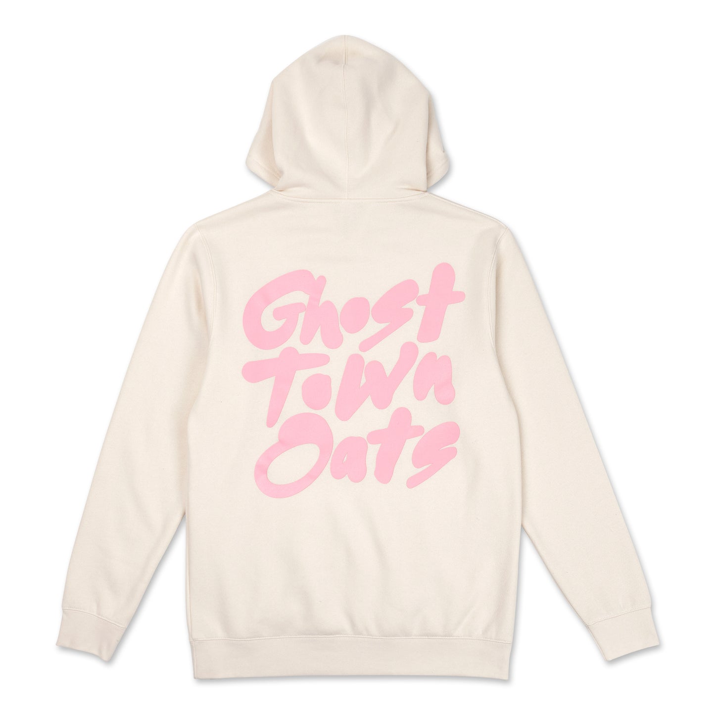 back view of cream hoodie with large pink ghost town oats logo printed across the back