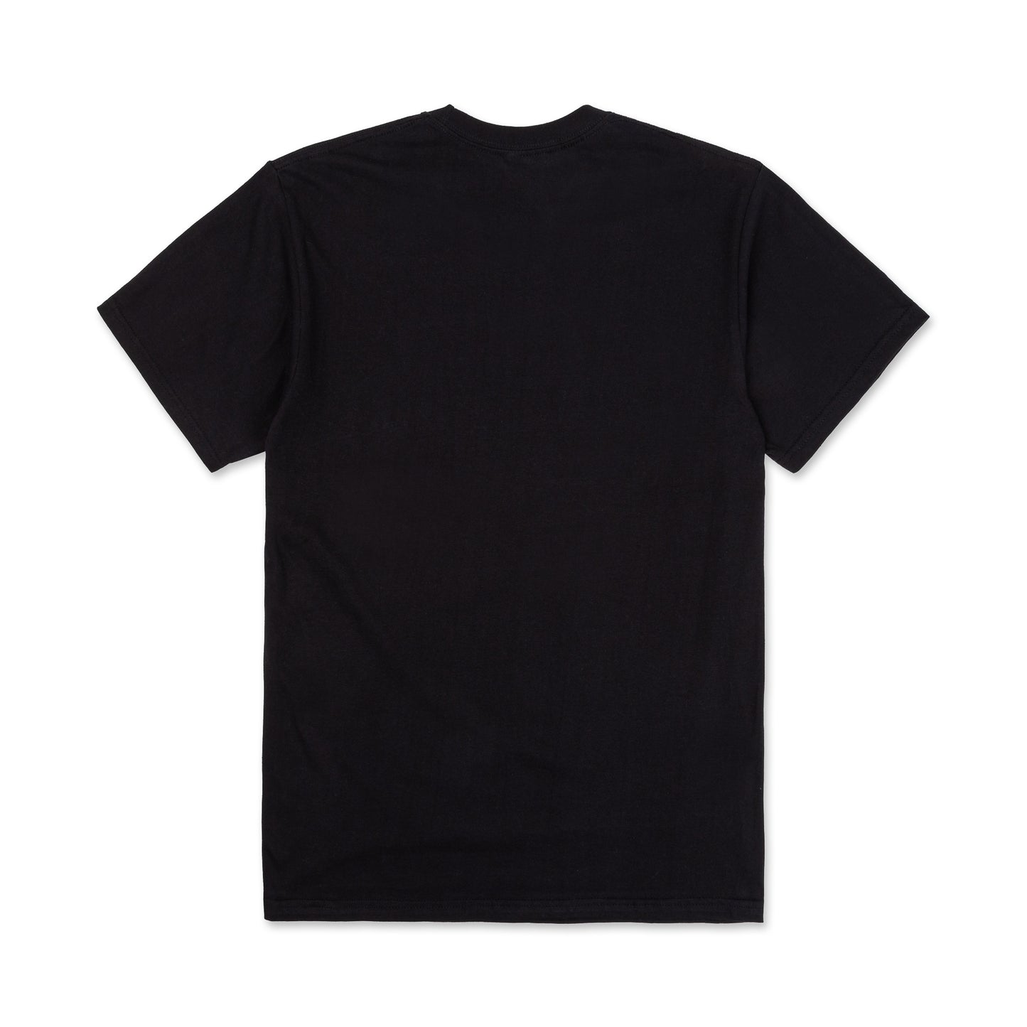 back view of plain black t-shirt with no design or graphics
